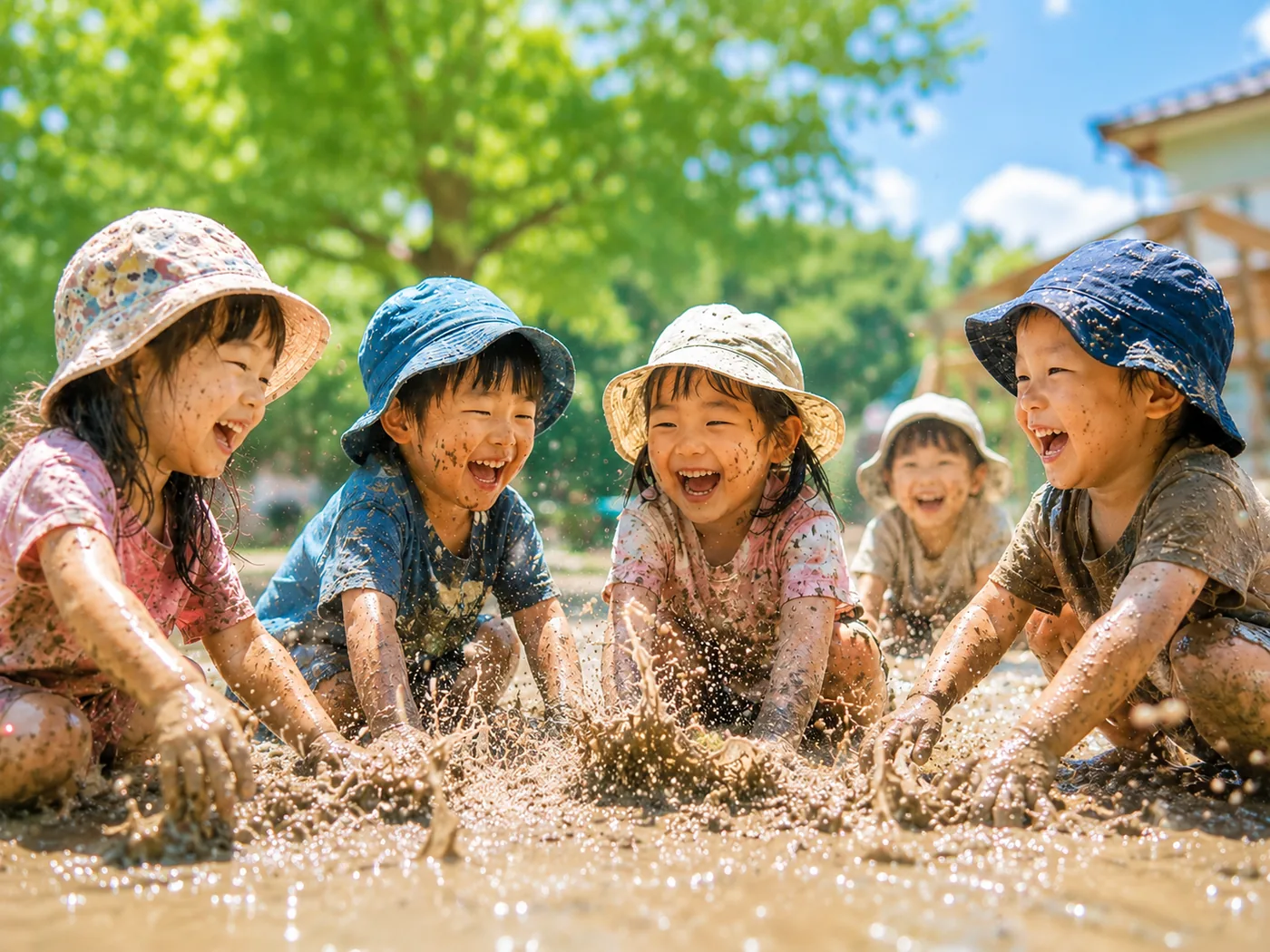 園庭で外あそびを楽しむ子どもたち